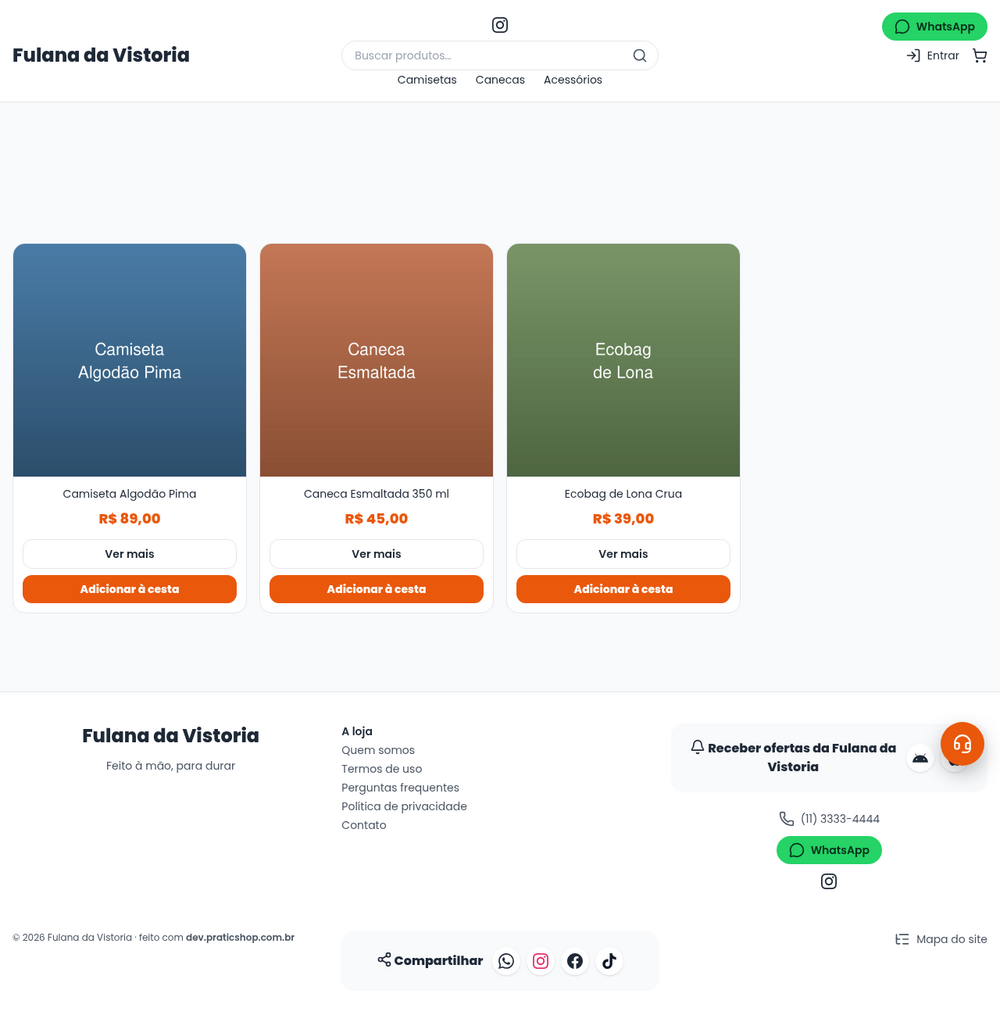 A loja no ar: produtos, categorias no topo e o botão de WhatsApp.